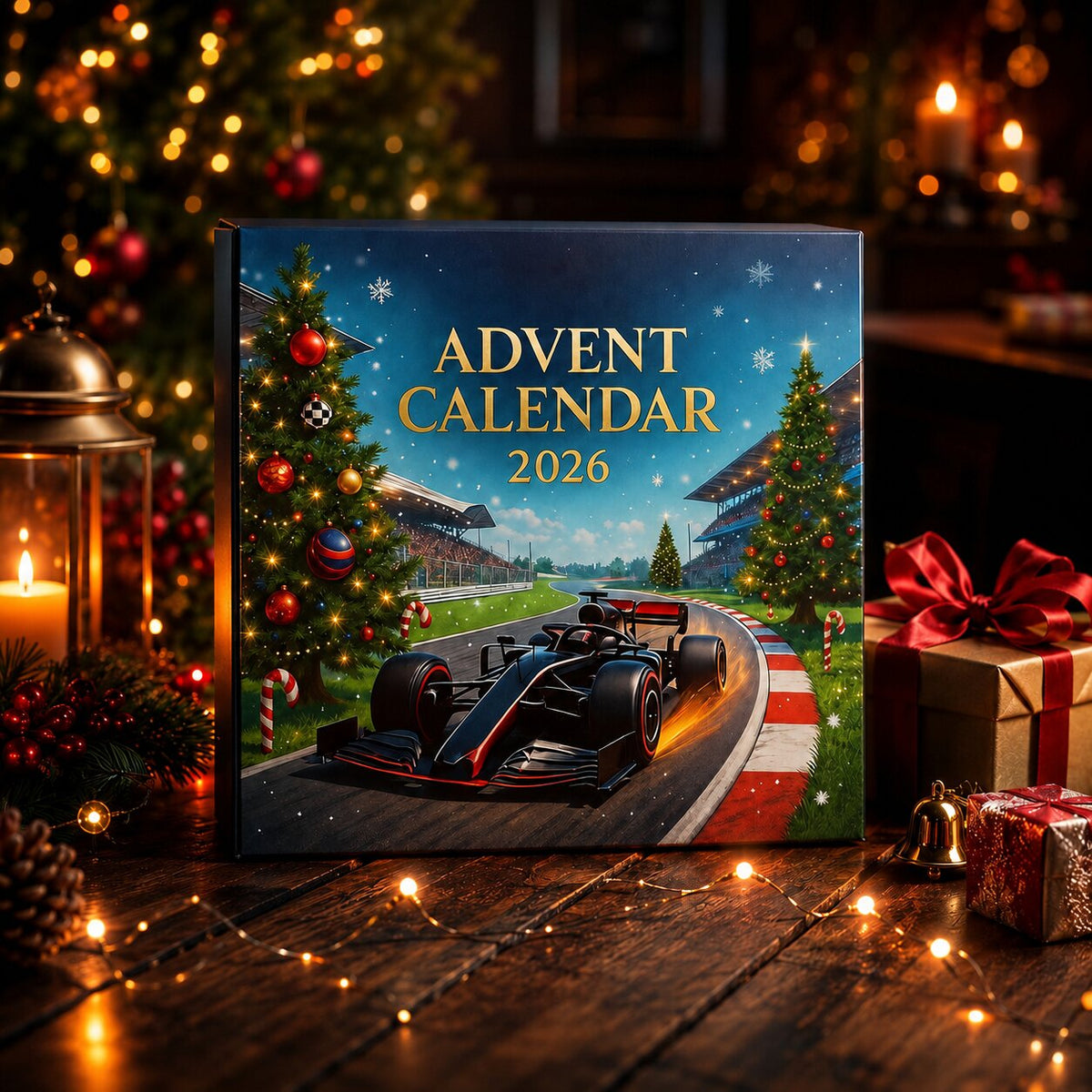 Geschlossene Adventskalender-Box mit Rennwagen auf winterlicher Strecke, stimmungsvoll zwischen Lichterkette, Laterne, Kerzen und Geschenken auf Holztisch platz 3