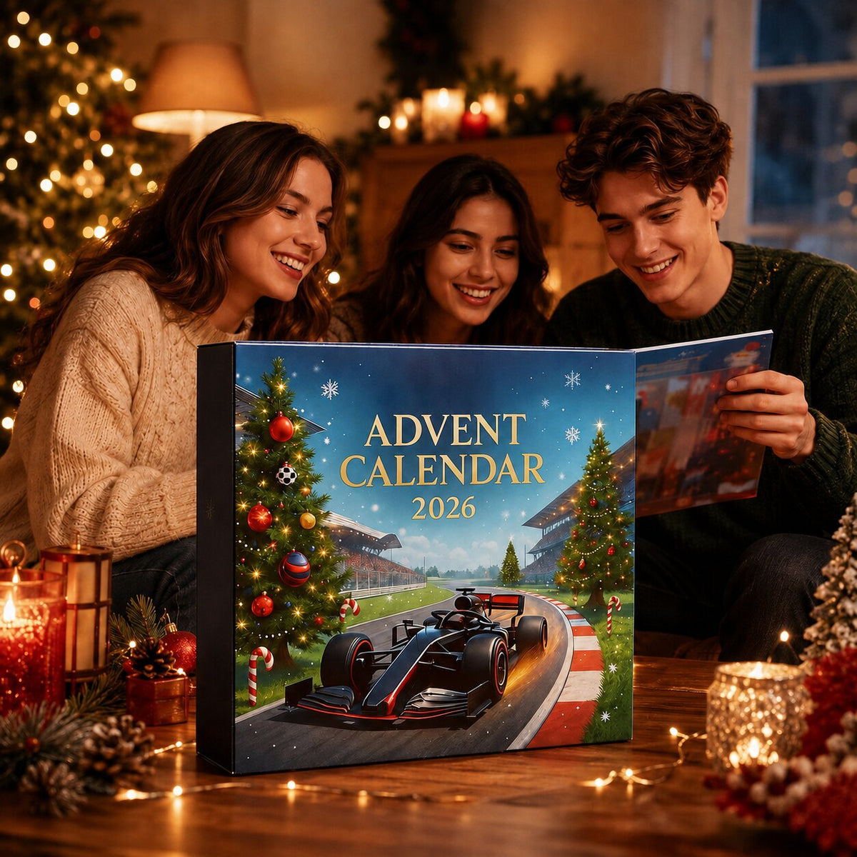 Drei lächelnde Personen in Winterpullovern betrachten gemeinsam den Adventskalender auf einem Tisch, einer blättert in einem aufgeklappten Heft. 4