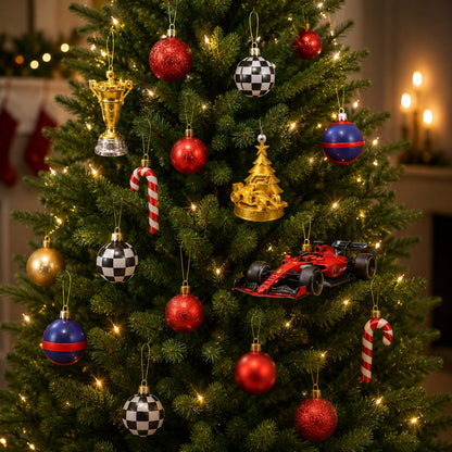 Detailansicht eines Weihnachtsbaums mit Rennsport-Schmuck: Pokal, Zielflaggen-Kugeln, Rennwagen-Modell, goldener Baum mit Auto, Zuckerstangen und rote Kugeln. 5