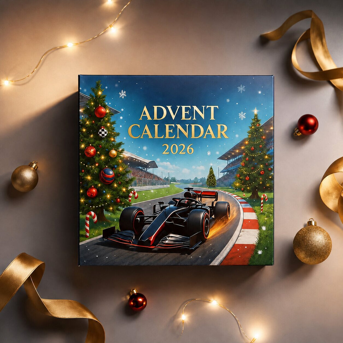 Draufsicht auf die Adventskalender-Box auf hellem Untergrund, umgeben von goldenen Bändern, Christbaumkugeln und einer Lichterkette. 6
