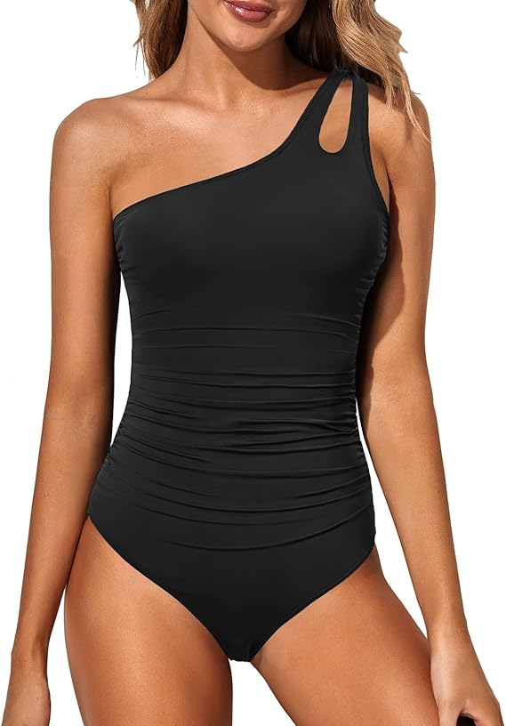 Badeanzug Damen Einteiler | One-Shoulder Design | Bauchformend | Sommer-Schwarz-S-Luzern Mode