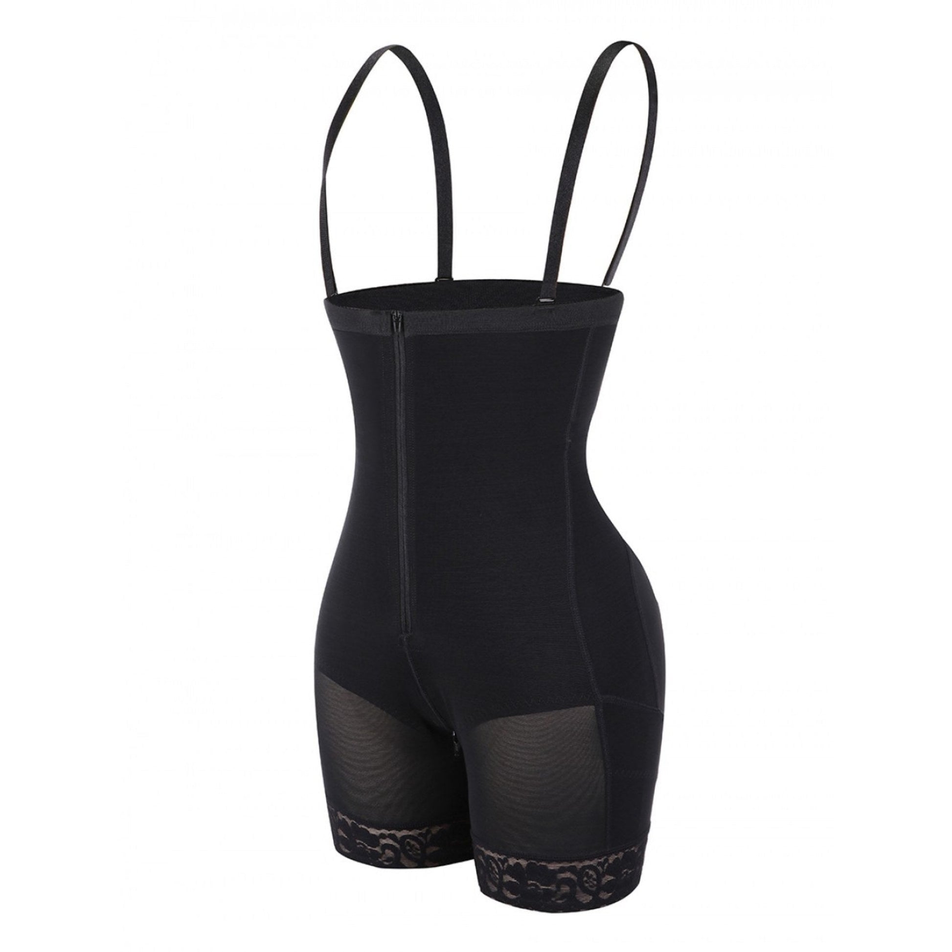 Schwarzer Shapewear-Body mit Trägern, Reißverschluss, Spitzenbesatz, figurformend.