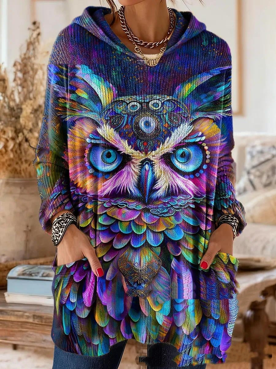 Von einem Model getragene Tunika mit buntem Eulenmotiv in Blau, Lila und Gelb auf Front und Taschen. 3