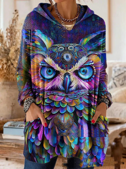 Von einem Model getragene Tunika mit buntem Eulenmotiv in Blau, Lila und Gelb auf Front und Taschen. 3