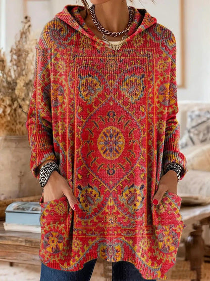 Getragene Tunika in Rot mit orientalischem Medaillonmuster in Gelb und Blau, Kapuze und Taschen vorn. 4