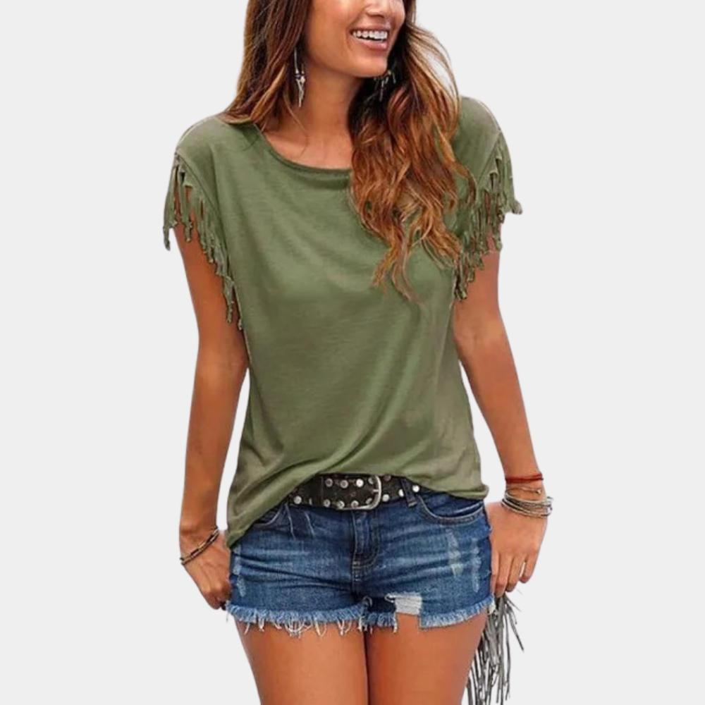 Fransen-Design | lockere Passform | atmungsaktiv | weich | T-Shirt Damen Sommer-Armeegrün-S-Luzern Mode