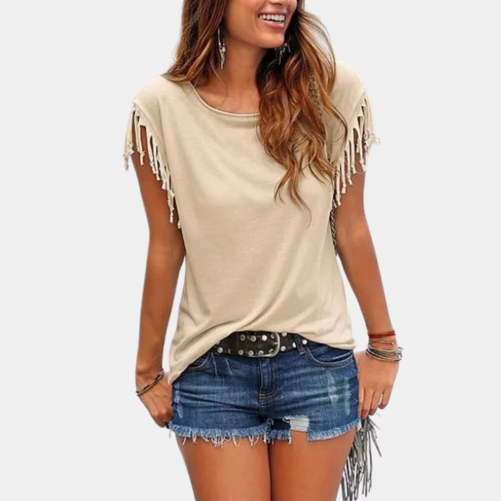 Fransen-Design | lockere Passform | atmungsaktiv | weich | T-Shirt Damen Sommer-Khaki-S-Luzern Mode
