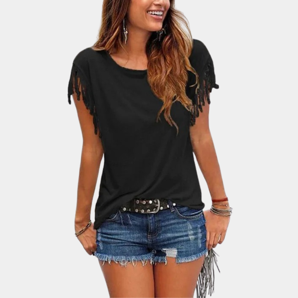 Fransen-Design | lockere Passform | atmungsaktiv | weich | T-Shirt Damen Sommer-Schwarz-S-Luzern Mode