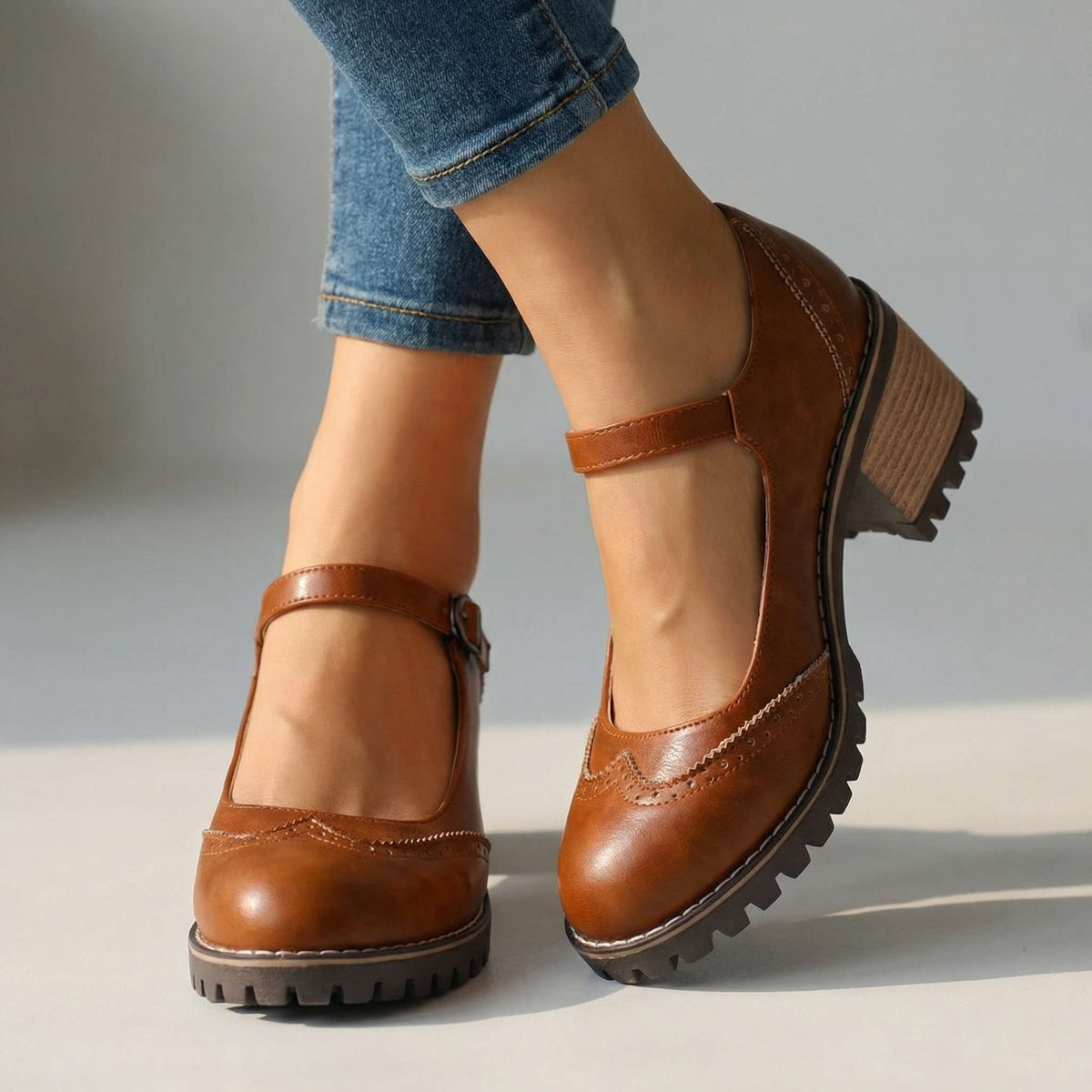 Braune Mary Janes mit Lochmuster und Riemen am Knöchel, am Fuß mit Jeans vor hellem Hintergrund, Frontansicht. 2