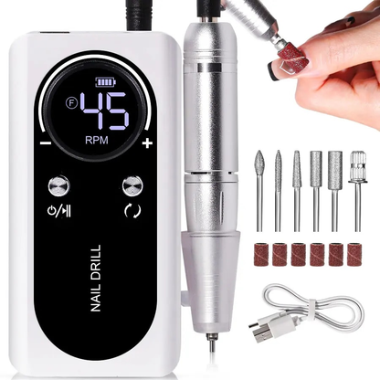 Elektrische Nagelfeile Set, weiß, mit LCD-Display, 45.000 U/min, für Maniküre und Pediküre.
