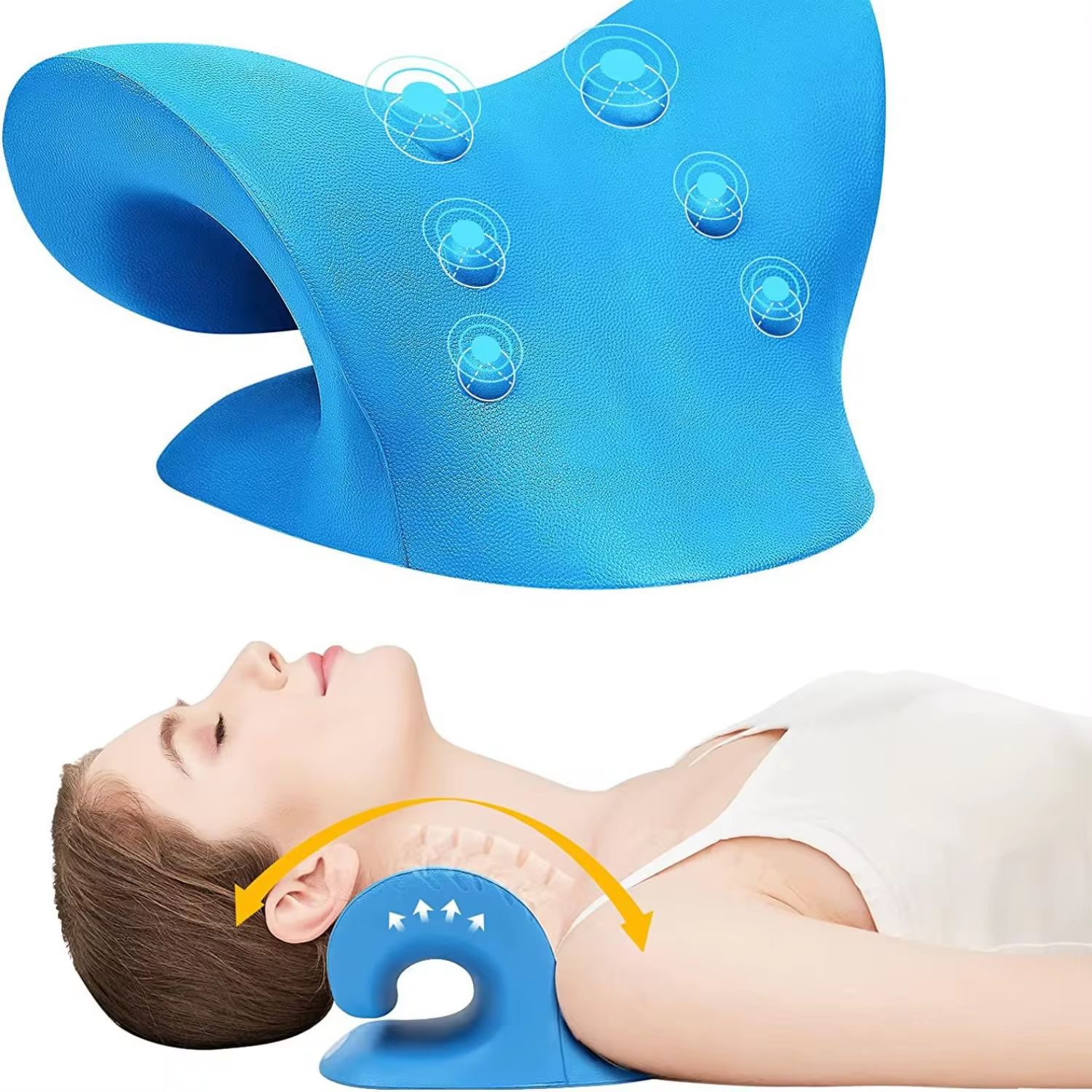 Blaues Nackenstützkissen für Schmerzlinderung und Entspannung, ergonomisches Design.