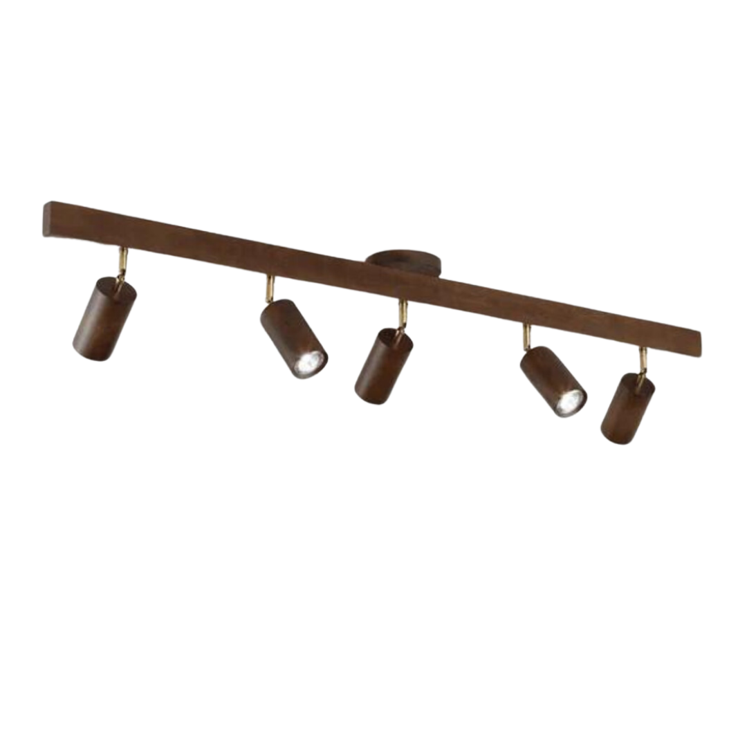 Braune Deckenleuchte mit fünf verstellbaren Spots, modernes Design, Innenbeleuchtung.