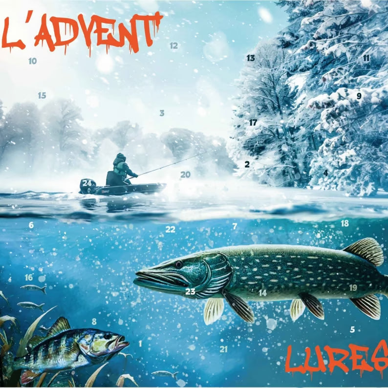 Winterliches Motiv mit Angler im Boot, darunter Hecht und Barsch im klaren blauen Wasser 4