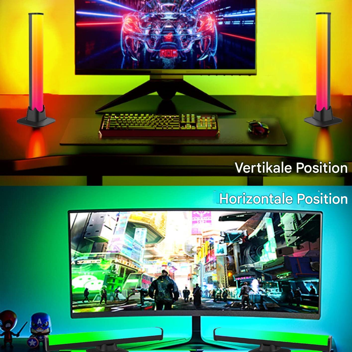 Gaming-Setup mit LED-Lichtleisten, RGB-Beleuchtung, Monitor, Tastatur, Maus, vertikal, horizontal.