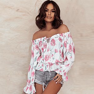 Sommerbluse Damen | Rüschenärmel | geblümt | Chiffon | Off-Shoulder Stil-Luzern Mode