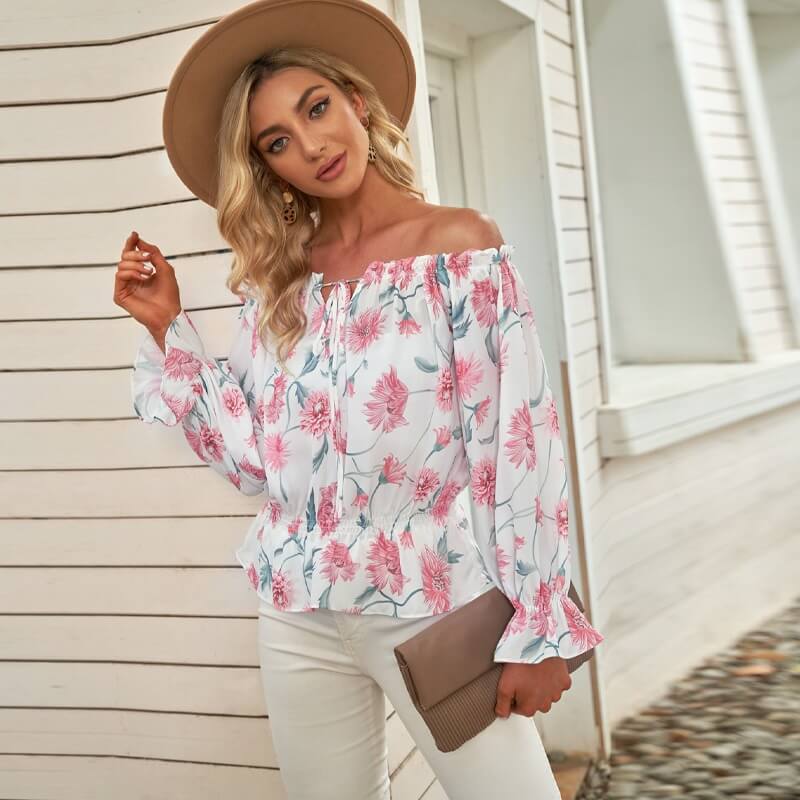 Sommerbluse Damen | Rüschenärmel | geblümt | Chiffon | Off-Shoulder Stil-Luzern Mode