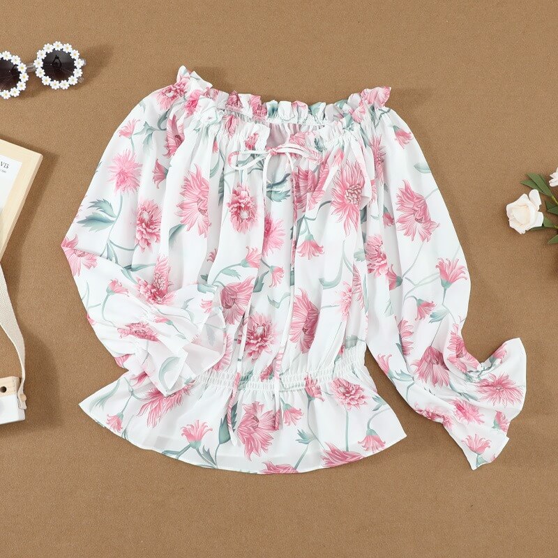 Sommerbluse Damen | Rüschenärmel | geblümt | Chiffon | Off-Shoulder Stil-Luzern Mode