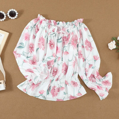 Sommerbluse Damen | Rüschenärmel | geblümt | Chiffon | Off-Shoulder Stil-Luzern Mode