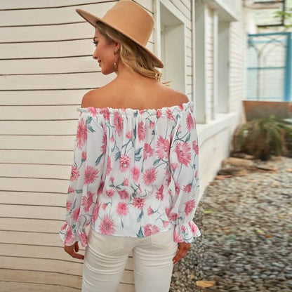 Sommerbluse Damen | Rüschenärmel | geblümt | Chiffon | Off-Shoulder Stil-Luzern Mode