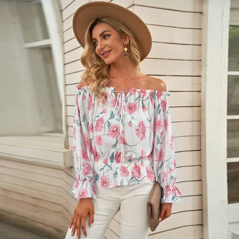 Sommerbluse Damen | Rüschenärmel | geblümt | Chiffon | Off-Shoulder Stil-Luzern Mode