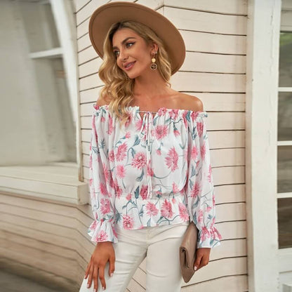 Sommerbluse Damen | Rüschenärmel | geblümt | Chiffon | Off-Shoulder Stil-Luzern Mode