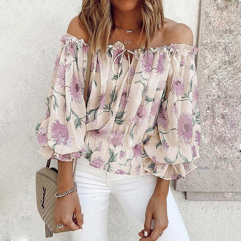 Sommerbluse Damen | Rüschenärmel | geblümt | Chiffon | Off-Shoulder Stil-Beige-S-Luzern Mode
