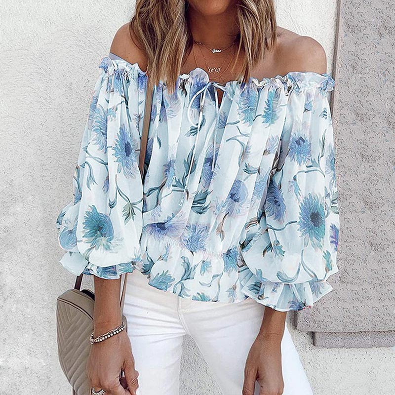 Sommerbluse Damen | Rüschenärmel | geblümt | Chiffon | Off-Shoulder Stil-Blau-S-Luzern Mode