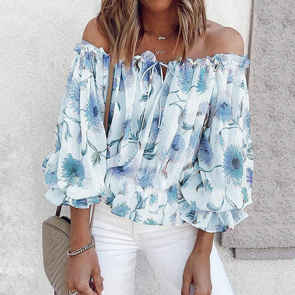 Sommerbluse Damen | Rüschenärmel | geblümt | Chiffon | Off-Shoulder Stil-Blau-S-Luzern Mode