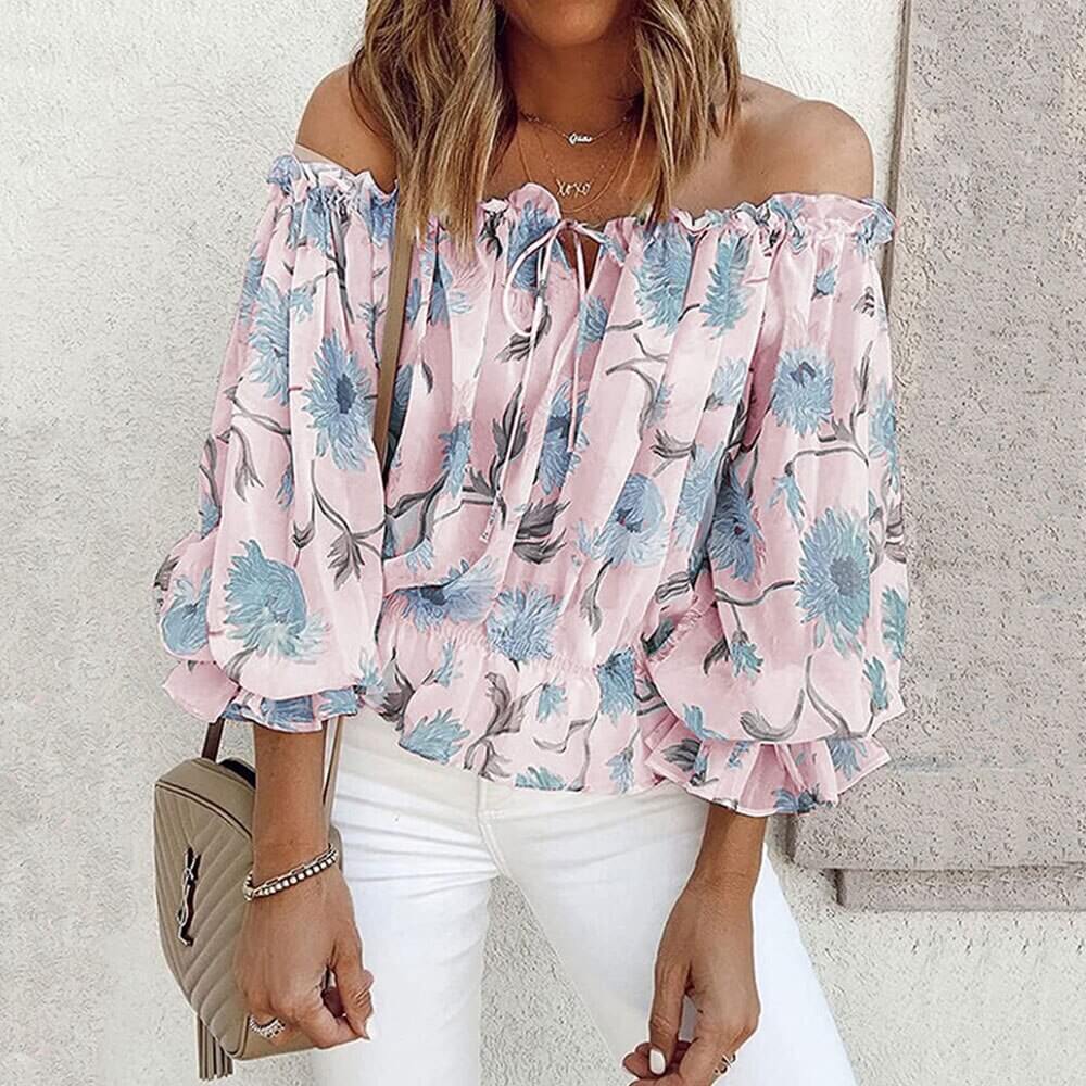Sommerbluse Damen | Rüschenärmel | geblümt | Chiffon | Off-Shoulder Stil-Rosa-S-Luzern Mode