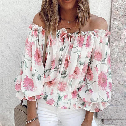 Sommerbluse Damen | Rüschenärmel | geblümt | Chiffon | Off-Shoulder Stil-Weiß-S-Luzern Mode