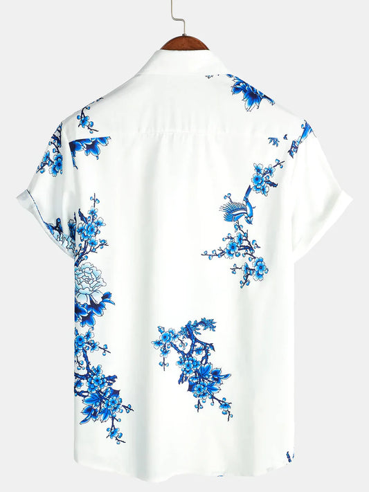 Weißes Herren Sommerhemd | Blumenprint | Kurzarm | Knopfleiste | Blau-Luzern Mode