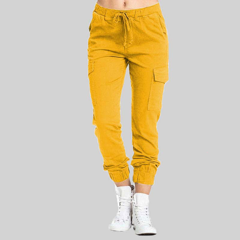 Gelbe Damen-Cargohose aus Baumwolle, elastischer Bund, Seitentaschen, modisch, bequem.