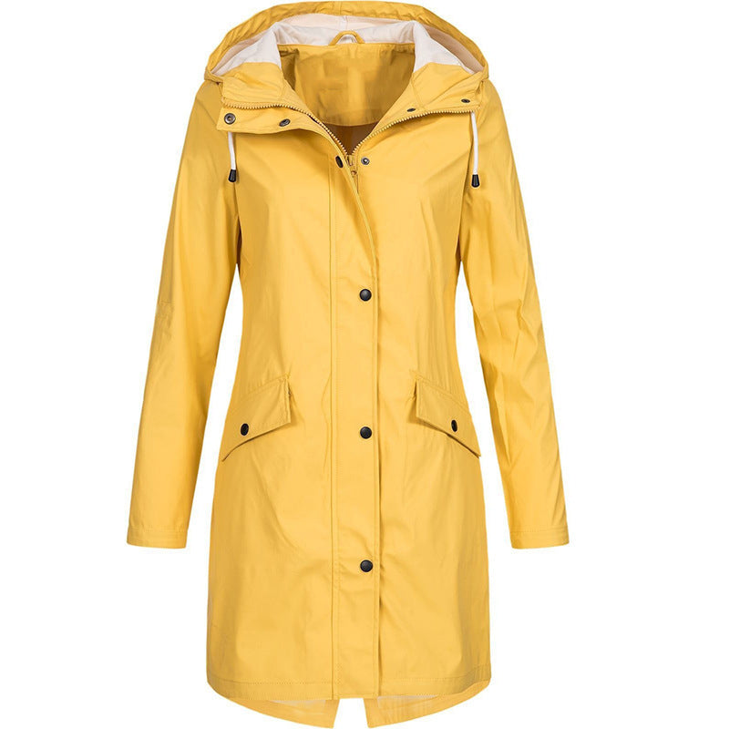 Gelber Damen-Regenmantel mit Kapuze, wasserdicht, modisch, ideal für Outdoor-Aktivitäten.