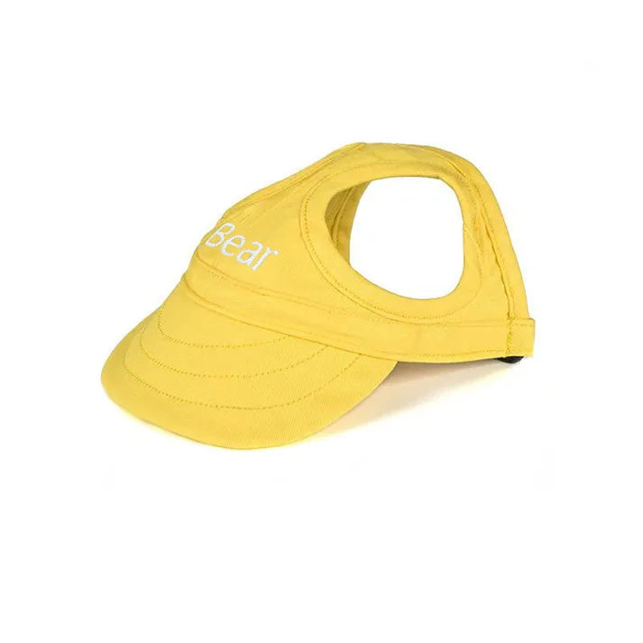 Gelbes Hundemützchen mit Sonnenblende, Baumwolle, verstellbar, idealer Sonnenschutz für Hunde.