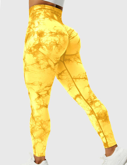 Gelbe Damen-Leggings mit Batikmuster, hoher Bund, elastisch, ideal für Sport und Freizeit.
