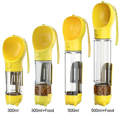 Gelbe tragbare Hundewasserflasche mit Futterbehälter, 300ml und 500ml, auslaufsicher.