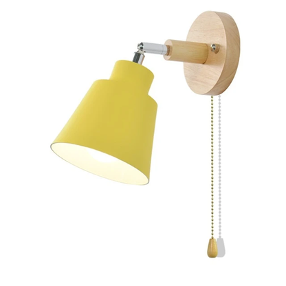 Gelbe Wandleuchte aus Holz, modernes Design, Innenbeleuchtung, verstellbar, mit Zugschalter.