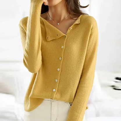 Gelber Damenpullover aus Kaschmir, V-Ausschnitt, Knopfleiste, modisch, bequem, Herbstmode.