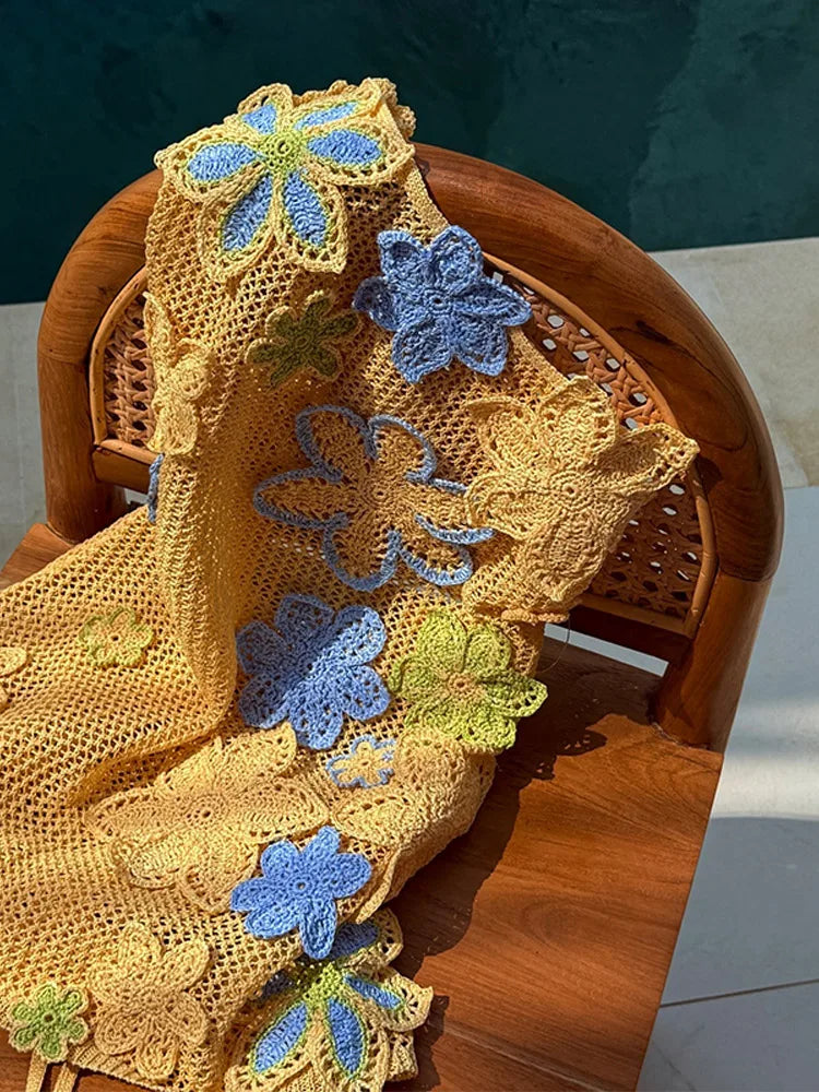 Minikleid Damen gehäkelt | florale Stickerei | ärmellos | luftdurchlässig | gelb-Luzern Mode