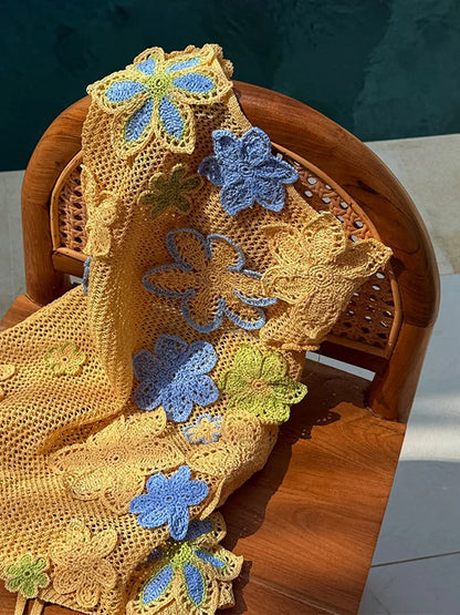 Minikleid Damen gehäkelt | florale Stickerei | ärmellos | luftdurchlässig | gelb-Luzern Mode