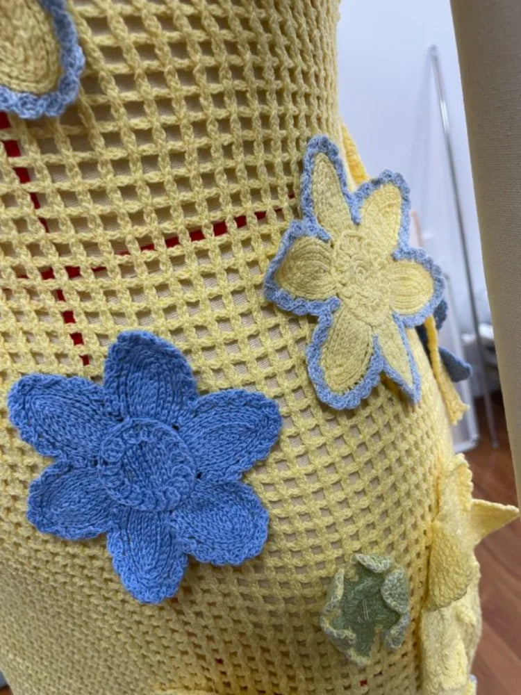 Minikleid Damen gehäkelt | florale Stickerei | ärmellos | luftdurchlässig | gelb-Luzern Mode