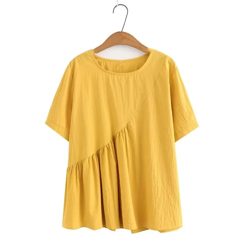 Gelbes Damen-T-Shirt aus Baumwolle, lässiger Stil, Rundhalsausschnitt, kurze Ärmel.