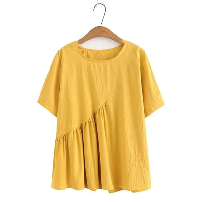 Gelbes Damen-T-Shirt aus Baumwolle, lässiger Stil, Rundhalsausschnitt, kurze Ärmel.