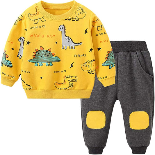 Gelbes Dinosaurier-Kinder-Sweatshirt und graue Jogginghose, Baumwolle, Freizeitkleidung.