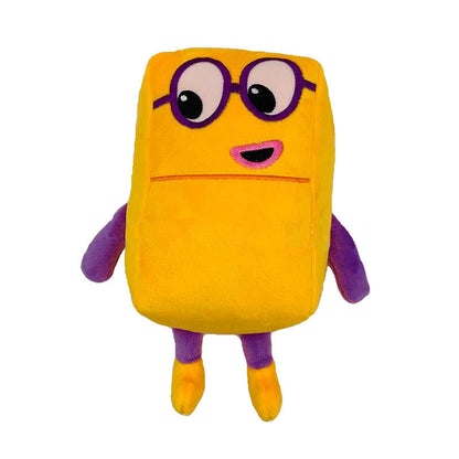 Gelbes Plüschspielzeug mit Brille, lila Armen und Beinen, Kinderkuscheltier, Geschenkidee.