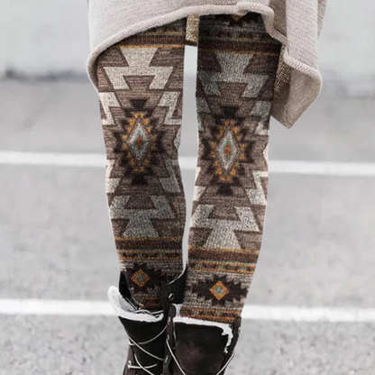 Damen-Leggings mit Ethno-Muster, braun-beige, warm, Wintermode, Streetstyle, Strickoptik.