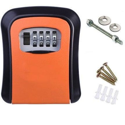 Schlüsselsafe mit Zahlenschloss, orange-schwarz, Wandmontage, inkl. Schrauben und Dübel.