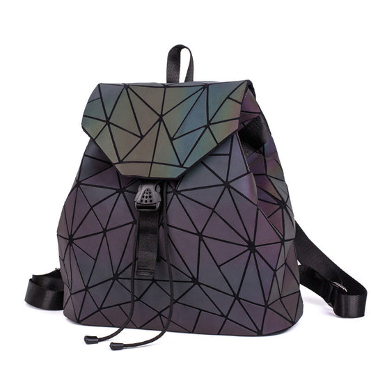 Geometrischer Damenrucksack, leuchtet im Dunkeln, dreieckiges Muster, modisch, schwarz.