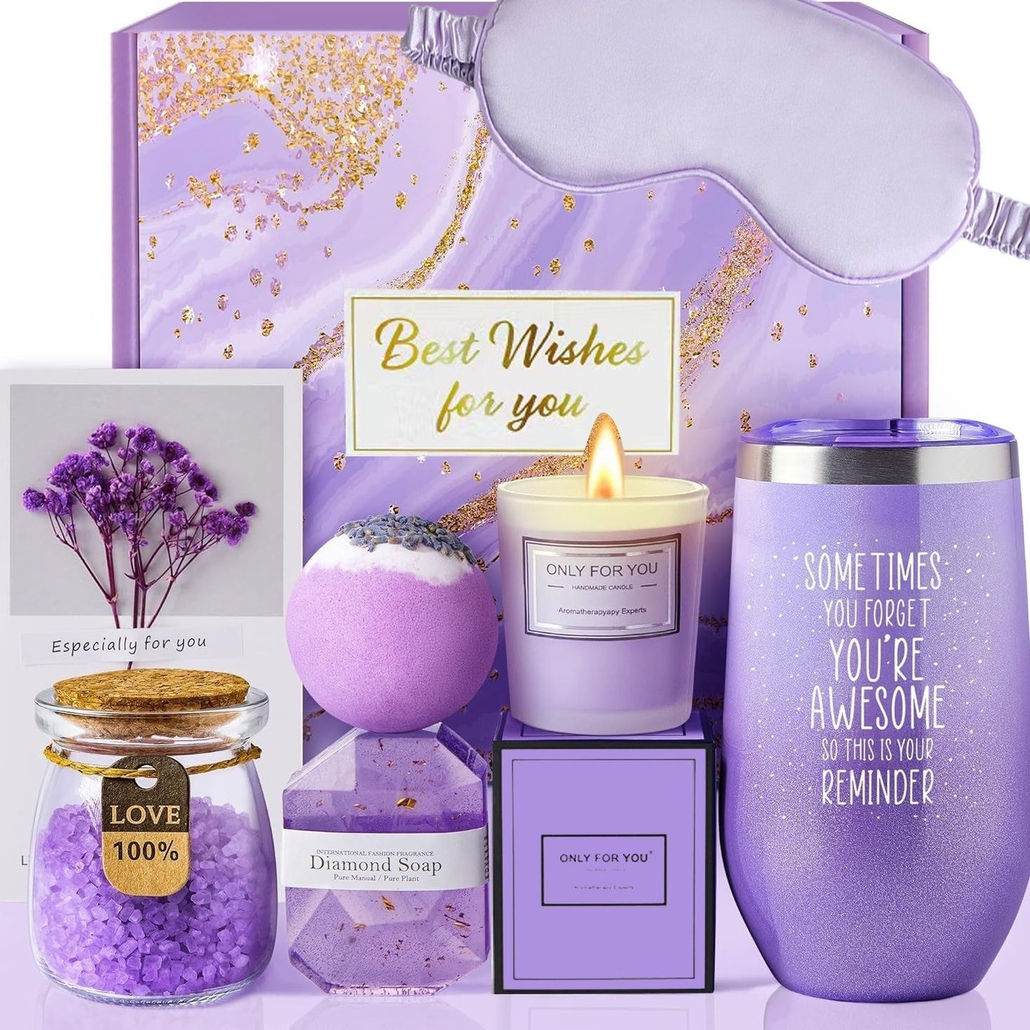 Geschenkset für Frauen, lila, mit Kerze, Badesalz, Seife, Schlafmaske, ideal für Entspannung.