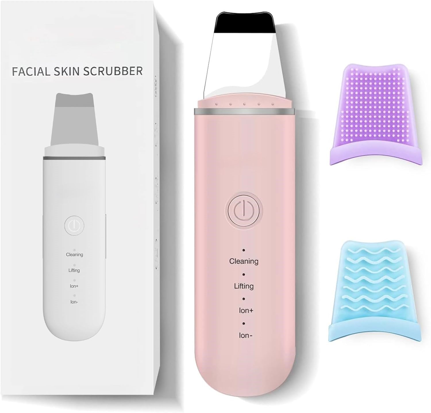 Rosa Gesichtshautreiniger Ultraschall Peeling Gerät mit Verpackung und Silikonaufsätzen.